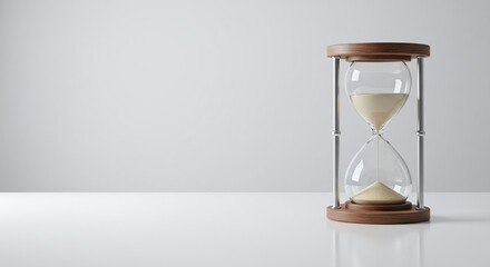 A classic wooden hourglass with sand flowing through, measuring the passage of time against a clean white background. A concept of deadlines and urgency.