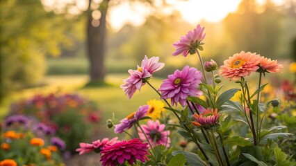 Fototapeta premium Beautiful dahlias and colorful garden flowers burst with life, bathed in warm sunshine during a peaceful golden hour.