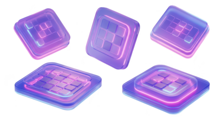 Five glowing 3D neon-lit square digital icons floating in a studio Potential use user interface elements app designs