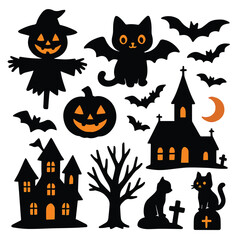 Halloween design element hunted house, bat, cat and pumpkin silhouette vector