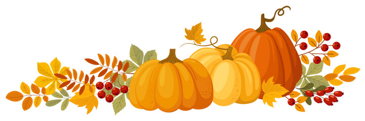 Colorful autumn pumpkins, berries and forest leaves clipart. Harvest Festival