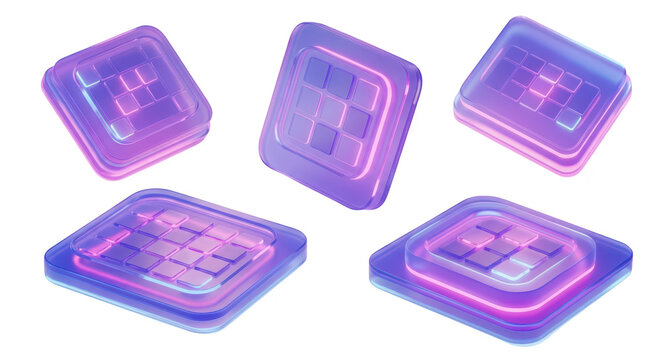 Five glowing 3D neon-lit square digital icons floating in a studio Potential use user interface elements app designs