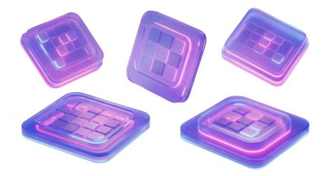 Five glowing 3D neon-lit square digital icons floating in a studio Potential use user interface elements app designs