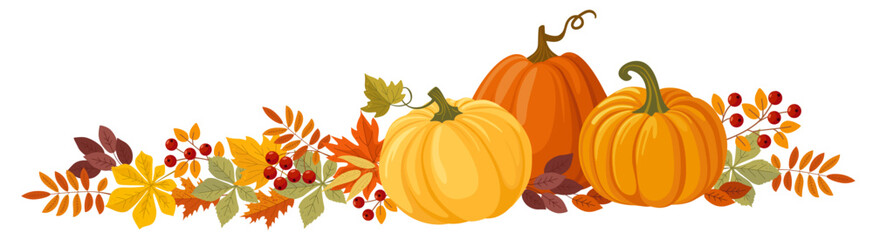 Colorful autumn pumpkins, berries and forest leaves clipart. Seasonal harvest design for greeting or poster. 