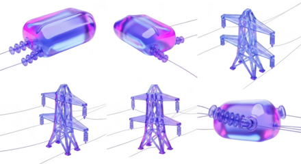 Transparent electric equipment models illustrating power transmission in a clean studio background for engineering and energy concepts