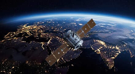 A satellite orbits earth, showing illuminated cities at night