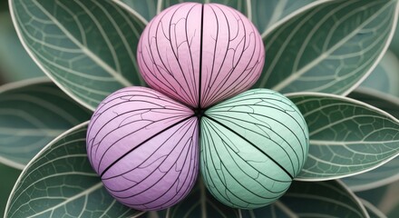 Three decorated easter eggs arranged on green leaves isolated on transparent background