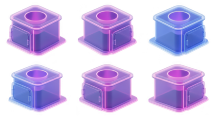 3D rendered neon-lit isometric containers arranged in a grid on a neutral surface suggesting futuristic storage or data processing units