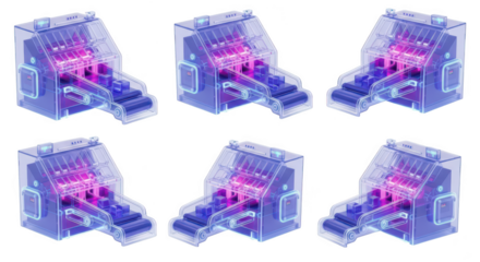 Digital rendering of automated machinery processing products highlighted with neon lights against a white background ideal for technology concepts