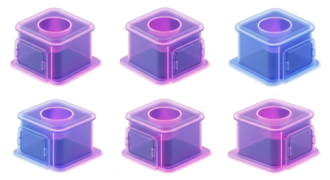 3D rendered neon-lit isometric containers arranged in a grid on a neutral surface suggesting futuristic storage or data processing units