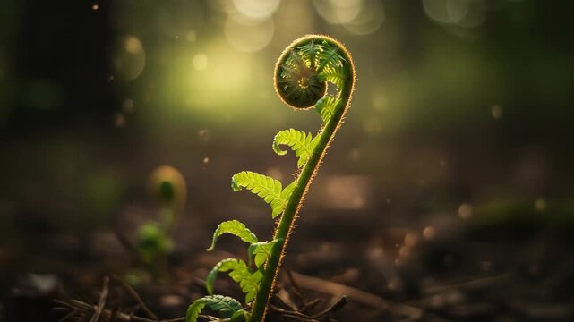 A young fern frond spirals open, catching the golden morning light in a serene forest setting.