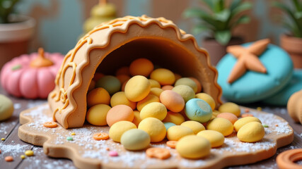 Crushed dessert tart with broken candies showing baking failure and presentation mishap