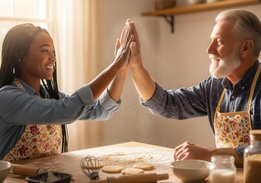 Joyful multigenerational baking experience in sunlit kitchen