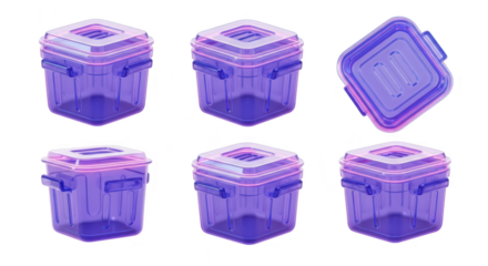 Collection of six purple translucent storage containers lids on arranged in different angles on a clean white background perfect for organizing or digital assets