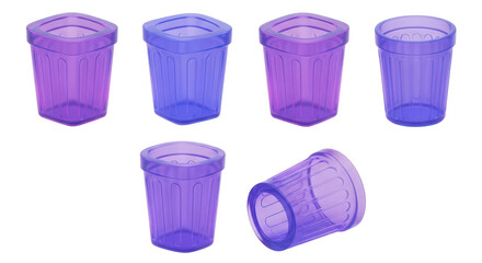 Group of colorful translucent small drinking cups are displayed some upright others at various angles on a clean white background for design assets or product mockups