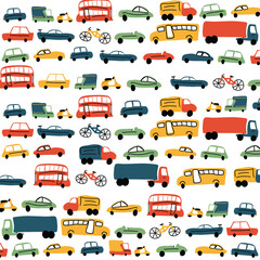 Vector illustration of various transport, bright colors in cartoon style, white background
