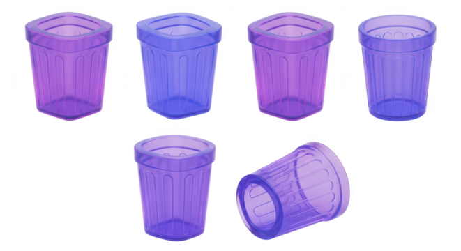Group of colorful translucent small drinking cups are displayed some upright others at various angles on a clean white background for design assets or product mockups