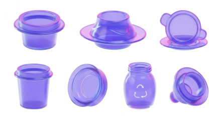 Collection of transparent purple containers arranged on a white surface suggesting packaging and eco-consciousness