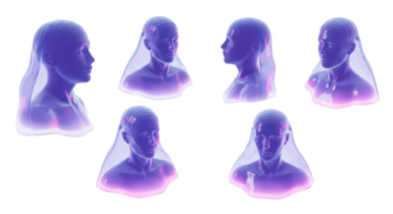 Rendered translucent female busts in different poses draped with a fluid veil on a white background for concepts of beauty fashion or futuristic design