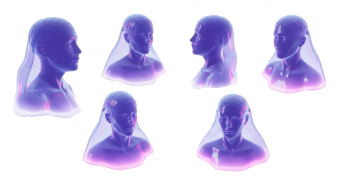 Rendered translucent female busts in different poses draped with a fluid veil on a white background for concepts of beauty fashion or futuristic design