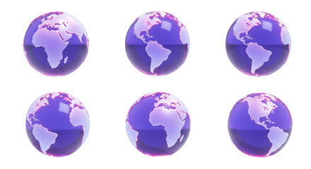 Purple glass globes spinning with North and South America in view isolated on white for education and design