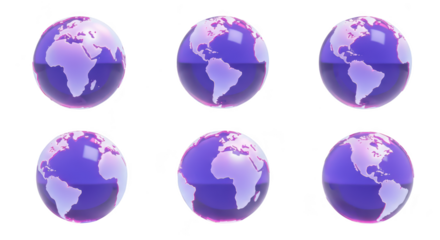 Purple glass globes spinning with North and South America in view isolated on white for education and design