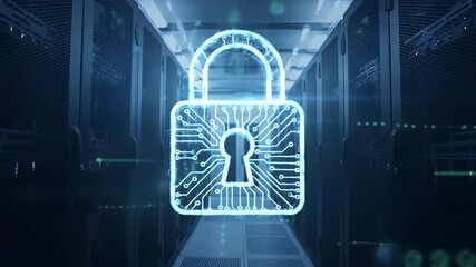 A glowing padlock graphic, overlaid on a server room, emphasizing digital security. - Powered by Adobe