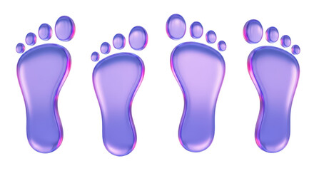 Shiny purple footprints isolated on white showing different foot positions for creative design or healthcare concepts