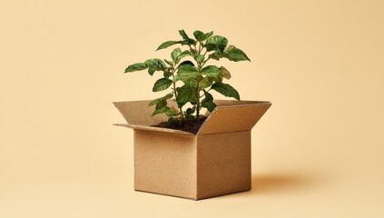 Fototapeta premium Small plant sprouts from open cardboard box (1)