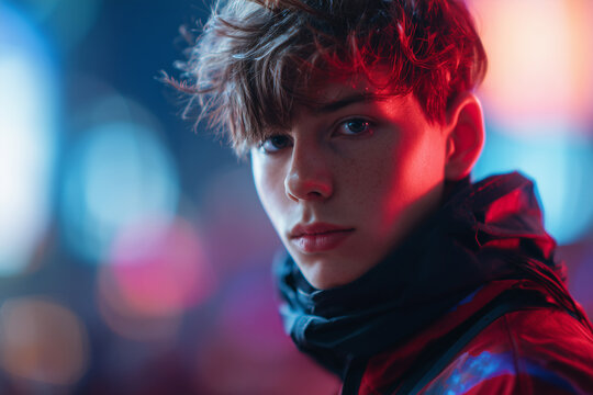 Close-up portrait of a young man with tousled hair illuminated by vibrant red and blue neon lights