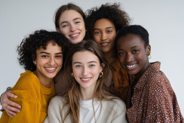 Fototapeta premium Diverse group of five young women smiling and embracing in a close, friendly portrait with casual clothing