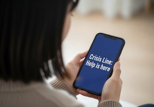 Young woman seeking support on crisis line via smartphone