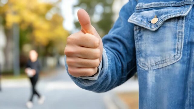 A person shows approval and positivity with a thumbs up while enjoying a walk in a vibrant autumn landscape
