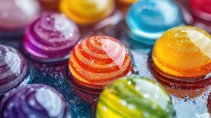 Colorful gelatin candies arranged on a reflective surface