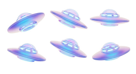 3D-rendered flying saucers in various positions floating against a white background for design sci-fi and extraterrestrial themes