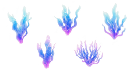 Stylized digital sea plants in shades of blue and purple on a white background glowing with light suitable for fantasy concepts and design