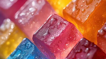 Colorful gelatin cubes with droplets, vibrant background