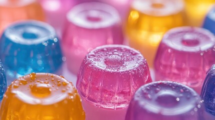Colorful gelatin desserts arranged with droplets of water