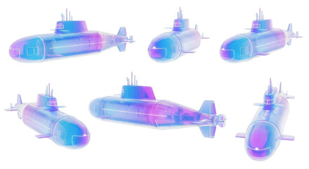 Holographic submarines in multiple perspectives on a white background showcasing 3D modeling ideal for futuristic visuals