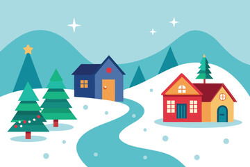 a charming winter village scene with snowcovered houses and decorated christmas trees vector illustration