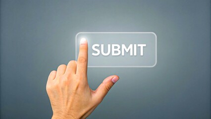 Hand pressing submit button on modern digital interface for online confirmation
