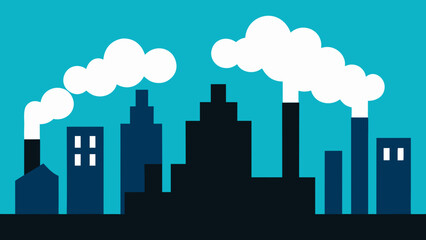 City Skyline with Factory Smoke Blending into Overhead Clouds