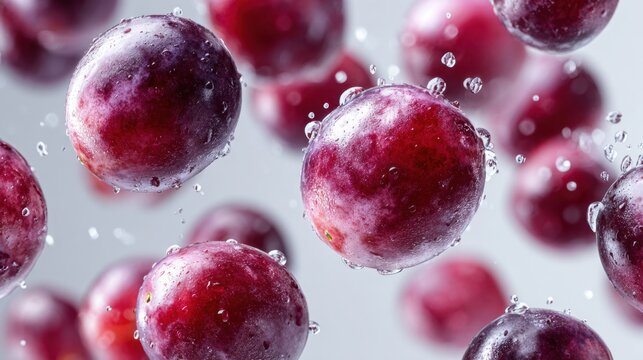 Juicy Grape Splash: Captivating a burst of refreshment as perfectly ripe, glistening red grapes are captured mid-air with water droplets, evoking the essence of summer.