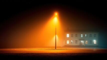 Obraz premium Foggy night, lamppost, house