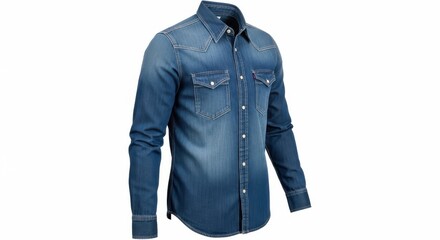 Men s blue denim long sleeve shirt isolated on white background
