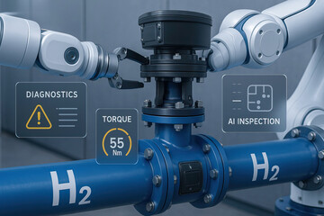 Robotic arm inspecting blue hydrogen pipeline valve with AI inspection, diagnostics, and torque measurement, showcasing advanced industrial automation technology