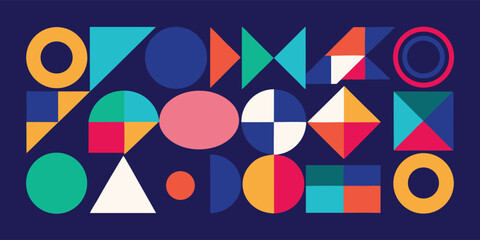 geometric design featuring an array of colorful shapes arranged in an abstract pattern..eps