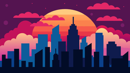 Fototapeta premium Vibrant Colorful Sunset City Skyline with Silhouetted Buildings and Urban Glow