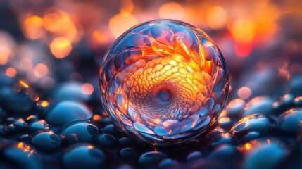 Colorful glass orb reflecting vibrant lights on wet surface