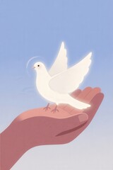 Fototapeta premium Illustration of peaceful white dove on hand against blue sky